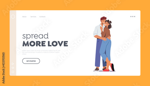 Loving Couple Romantic Relations Landing Page Template. Happy Man and Woman Embracing and Hugging, Romance Feelings