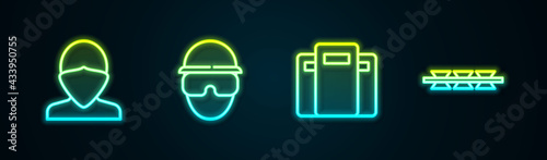 Set line Vandal, Special forces soldier, Police assault shield and Barbed wire. Glowing neon icon. Vector