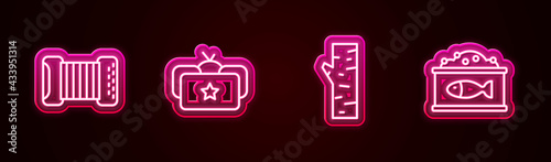 Set line Accordion, Ushanka, Birch tree and Tin can with caviar. Glowing neon icon. Vector