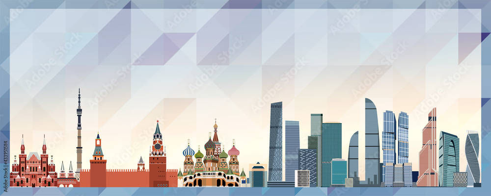 Moscow skyline vector colorful poster on beautiful triangular texture background