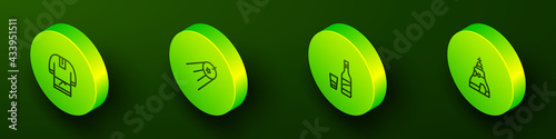 Set Isometric line Kosovorotka, Satellite, Bottle of vodka with glass and The Tsar bell icon. Vector