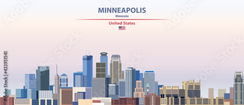 Minneapolis cityscape on sunset sky background vector illustration with country and city name and with flag of United States photo