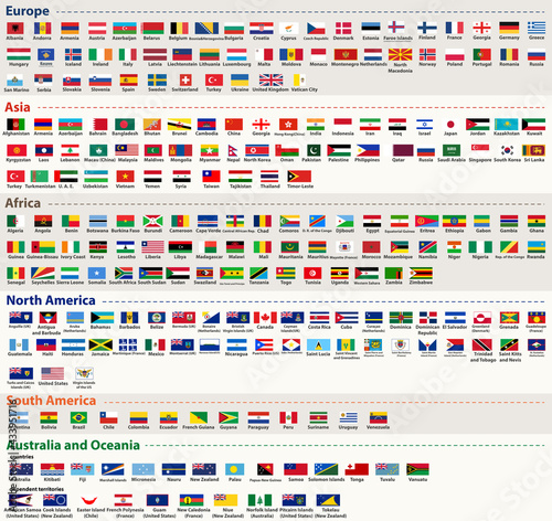 all world flags arranged in alphabetical order and singled out by continents vector set