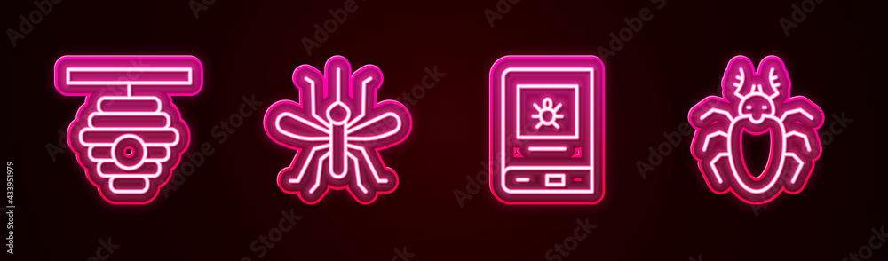 Set line Hive for bees, Mosquito, Book about insect and Beetle deer. Glowing neon icon. Vector Set line Hive for bees, Mosquito, Book about insect and Beetle deer. Glowing neon icon. Vector