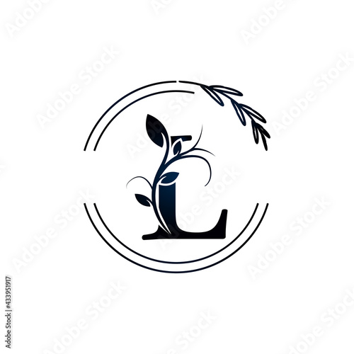 Initial Letter L Botanical Flowers with lettering circle hand drawn. Suitable for natural, eco, jewelry, fashion, personal or corporate branding.