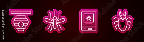 Set line Hive for bees, Mosquito, Book about insect and Beetle deer. Glowing neon icon. Vector