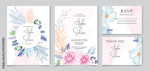 Elegant wedding invitation card template set with pink flowers and beautiful blue and creamy leaves decoration. watercolor floral frame and border decoration. botanic illustration for card composition