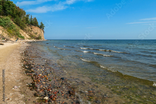 A panoramic view on the costal line in Gdynia  Poland  seen from a sandy beach. Calm Baltic Sea reflecting sunbeams from its calms surface. High trees overgrowing the tall cliffs. Idyllic