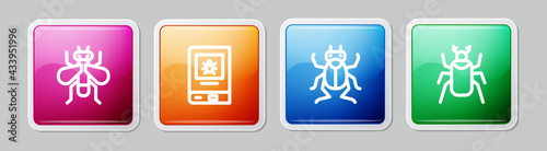 Set line Insect fly, Book about insect, Beetle bug and . Colorful square button. Vector