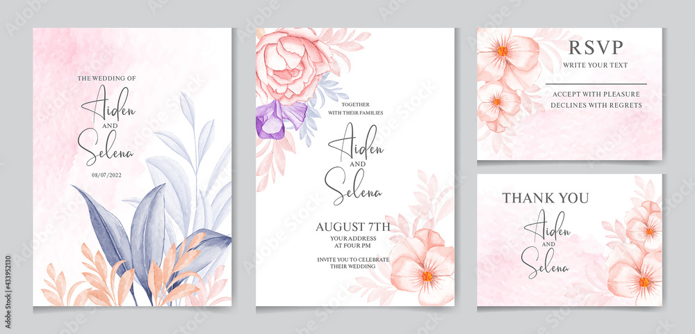 Set of watercolor wedding invitation card template with peach rose, creamy and blue leaves decoration .watercolor floral frame and border decoration. botanic illustration for card composition.