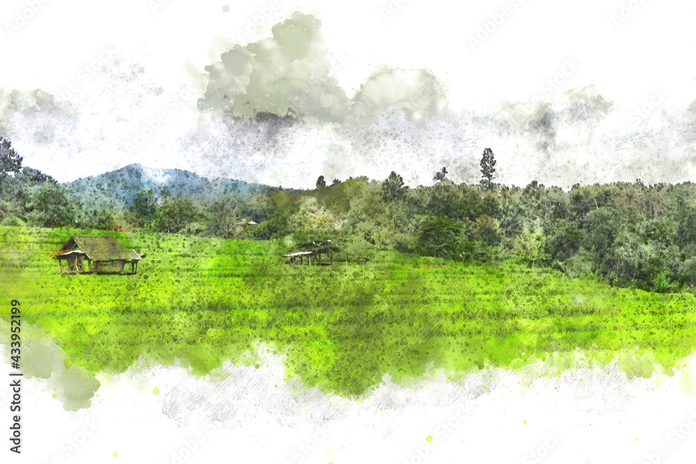 Obraz Streszczenie kolorowe drzewa i krajobraz górski w Tajlandii na tle akwarela ilustracja malarstwo.