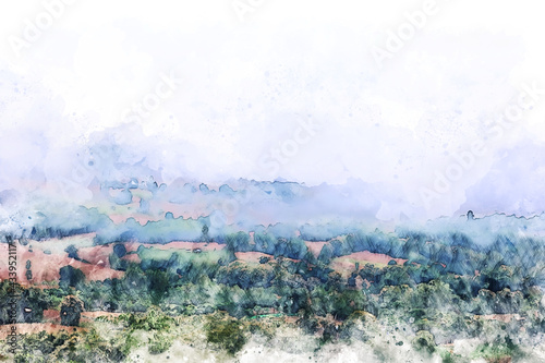 Abstract colorful tree and mountain range landscape in Thailand on watercolor illustration painting background.