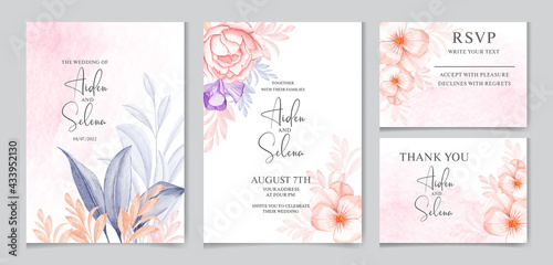 Wallpaper Mural Set of watercolor wedding invitation card template with peach rose, creamy and blue leaves decoration .watercolor floral frame and border decoration. botanic illustration for card composition. Torontodigital.ca