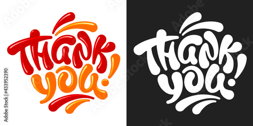 Thank You handwritten inscription. Unique lettering, calligraphy by thick brush. Variations on black or white background, text in color and monochrome. Vector illustration.