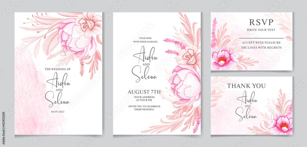 Elegant wedding invitation template set with peace rose flowers and leaves decoration .watercolor floral frame and border decoration. botanic illustration for card composition.