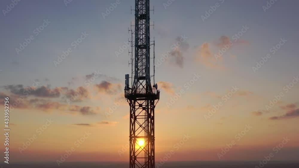 Telecommunication tower of 4G and 5G cellular. Base Station or Base Transceiver Station. Wireless Communication Antenna Transmitter. Telecommunication tower with antennas against sunset. Telecommunication tower of 4G and 5G cellular. Base Station or Base Transceiver Station. Wireless Communication Antenna Transmitter. Telecommunication tower with antennas against sunset.