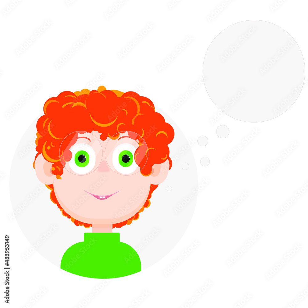 Vector illustration. Red-haired boy with glasses. Flat avatar . On white background. With place for text . Avatar . 