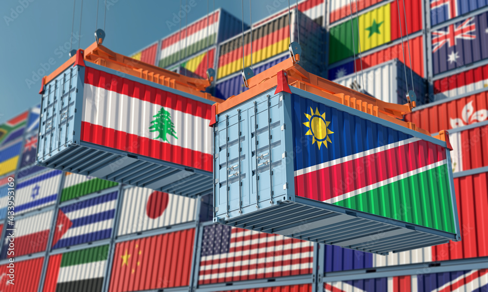 Two freight container with Lebanon and Namibia flag. 3D Rendering Two freight container with Lebanon and Namibia flag. 3D Rendering