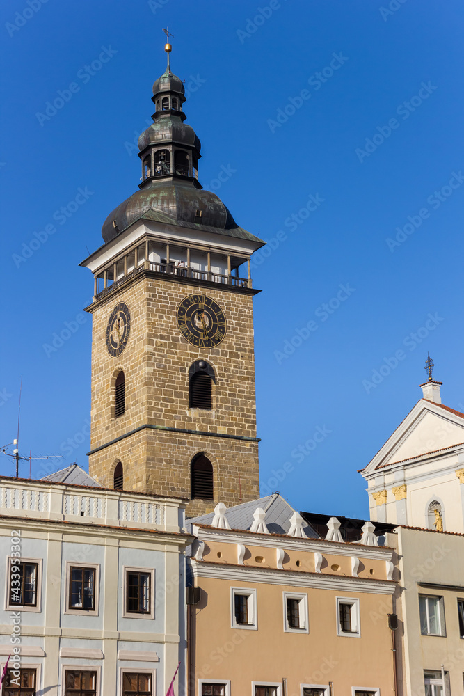 Historic black tower at the central market square of Ceske Budejovice, Czech Republic