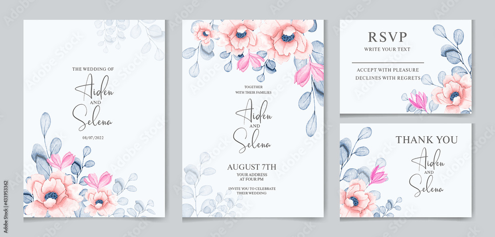 Floral wedding invitation card template set with soft pink flower and watercolor leaves decoration. watercolor floral frame and border decoration. botanic illustration for card composition
