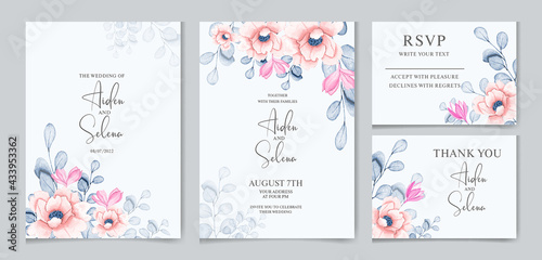 Floral wedding invitation card template set with soft pink flower and watercolor leaves decoration. watercolor floral frame and border decoration. botanic illustration for card composition