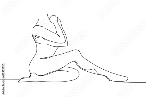 Continuous one line of beautiful female body is expressing in silhouette. Linear stylized. Minimalist.