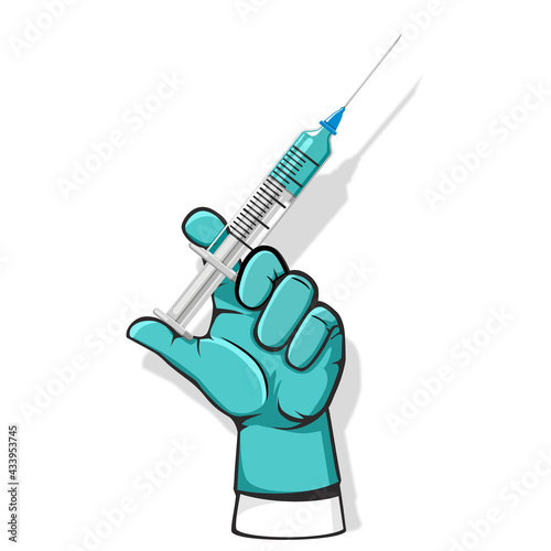 Hand of doctor or nurse in a medical glove with syringe with vaccine. Vector on transparent background