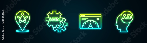 Set line Map pointer with star, Social media marketing, Website statistic and Advertising. Glowing neon icon. Vector