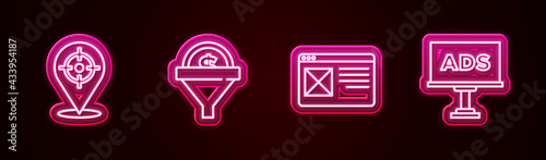 Set line Target sport, Lead management, Browser window and Advertising. Glowing neon icon. Vector