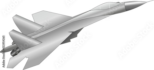 Flying military aircraft in silver color on a white background. Vector image.