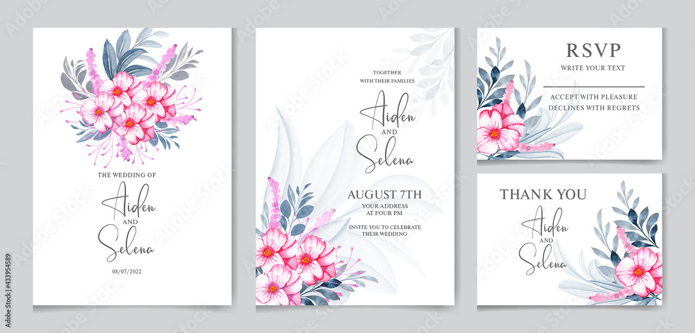 Floral wedding invitation card template set with soft pink flower and watercolor leaves decoration. watercolor floral frame and border decoration. botanic illustration for card composition