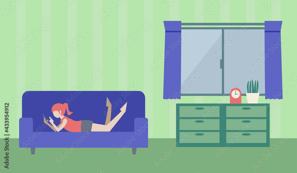 ソファに寝そべりスマートフォンを見ている女性がいる部屋 人物フラットイラスト デフォルメデザイン Stock Vector Adobe Stock ソファに寝そべりスマートフォンを見ている女性がいる部屋 人物フラットイラスト デフォルメデザイン Stock Vector Adobe Stock