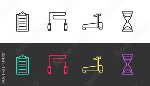 Set line Sport training program, Jump rope, Treadmill machine and Old hourglass on black and white. Vector