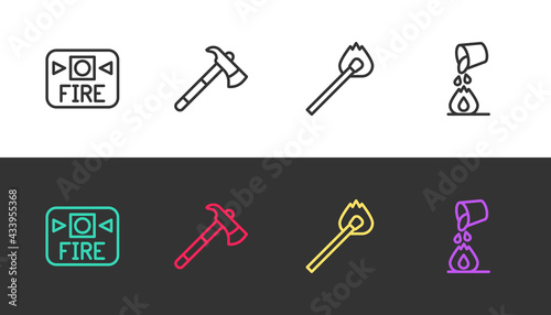 Set line Fire alarm system, Firefighter axe, Burning match with fire and Bucket extinguishing on black and white. Vector