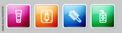 Set line Tube of toothpaste, Female toilet, Hairbrush and Hand sanitizer bottle. Colorful square button. Vector