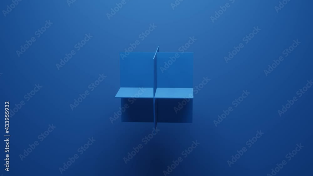 Square geometric shape rotates in random direction 3d rendering on blue background. Abstract seamless loop simple animation