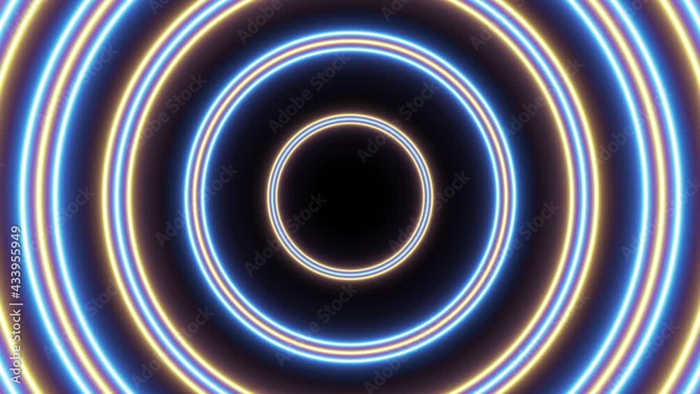 Groups of Orange and Blue circles seamless loop animation on a black background. Abstract seamless looped futuristic flight in tunnel motion graphic