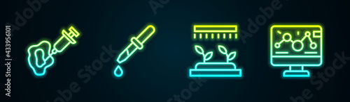 Set line Syringe, Pipette, Automatic irrigation sprinklers and Genetic engineering modification. Glowing neon icon. Vector