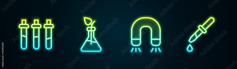 Set line Reagent bottle, Plant breeding, Magnet and Pipette. Glowing neon icon. Vector Set line Reagent bottle, Plant breeding, Magnet and Pipette. Glowing neon icon. Vector