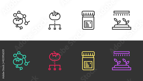 Set line Genetically modified food, , Jar with additives and Automatic irrigation sprinklers on black and white. Vector
