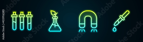 Set line Reagent bottle, Plant breeding, Magnet and Pipette. Glowing neon icon. Vector