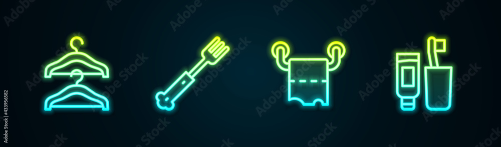 Set line Hanger wardrobe, Fork, Toilet paper roll and Toothbrush and toothpaste. Glowing neon icon. Vector Set line Hanger wardrobe, Fork, Toilet paper roll and Toothbrush and toothpaste. Glowing neon icon. Vector