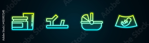 Set line Baby food, shoes, stroller and Ultrasound of baby. Glowing neon icon. Vector