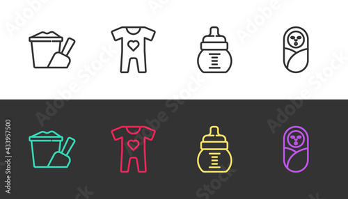 Set line Sand in bucket with shovel, Baby clothes, bottle and Newborn baby infant swaddled on black and white. Vector