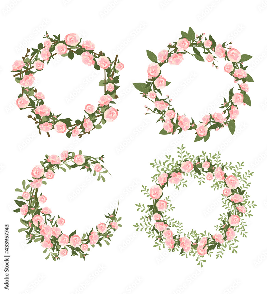 Peonies wreath set. Round frame, cute pink flowers and leaves. Festive decorations for wedding, holiday, postcard, poster and design