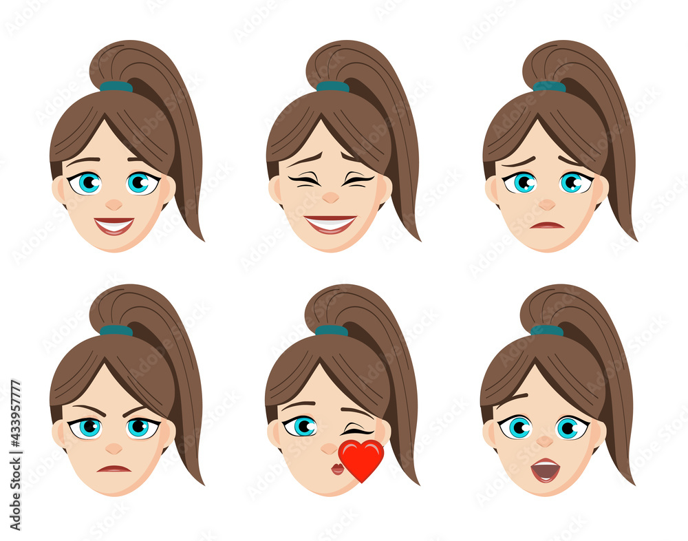 Girl emotion faces cartoon vector illustration. Woman emoji face cute symbols. Girl emotion faces cartoon vector illustration. Woman emoji face cute symbols.