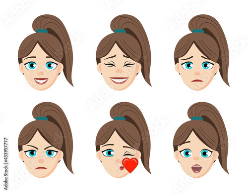 Girl emotion faces cartoon vector illustration. Woman emoji face cute symbols.