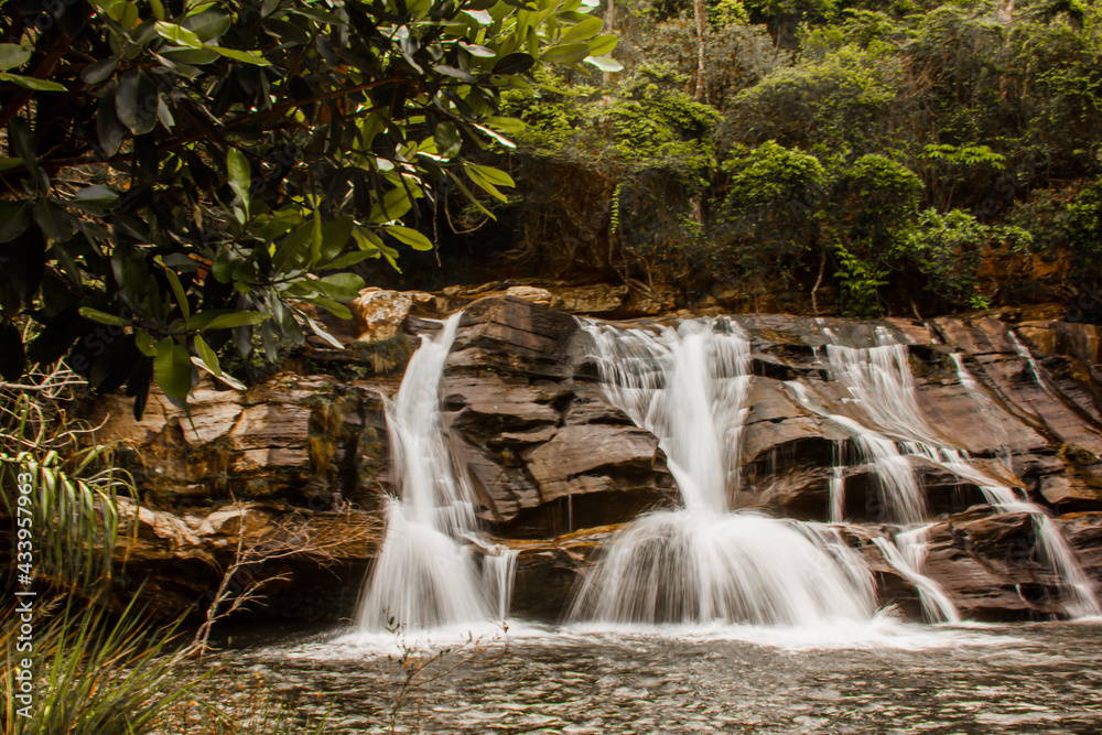 Obraz premium cascata, cachoeira, natureza, água, floresta, córrego, verde, paisagem, queda, rocha, árvore, parque, natural, verão