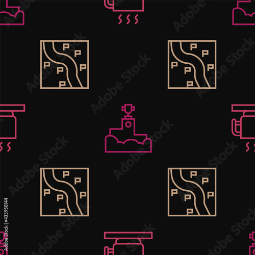 Set line Hot chocolate cup, Route location and Award winner podium on seamless pattern. Vector