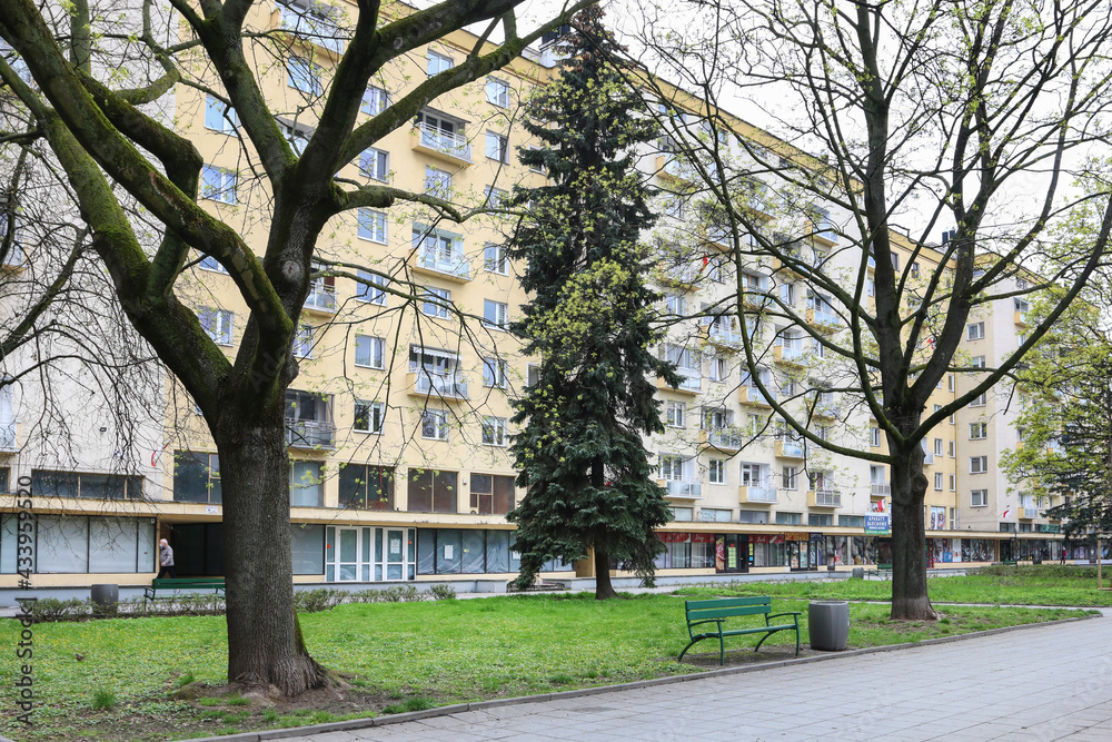 KRAKOW, POLAND - MAY 01, 2021: Architecture of Nowa Huta a district in the style of socialist realism.